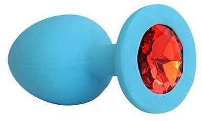 Голубая силиконовая анальная пробка с красным кристаллом - 9
