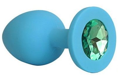 Голубая силиконовая анальная пробка с зеленым кристаллом - 9