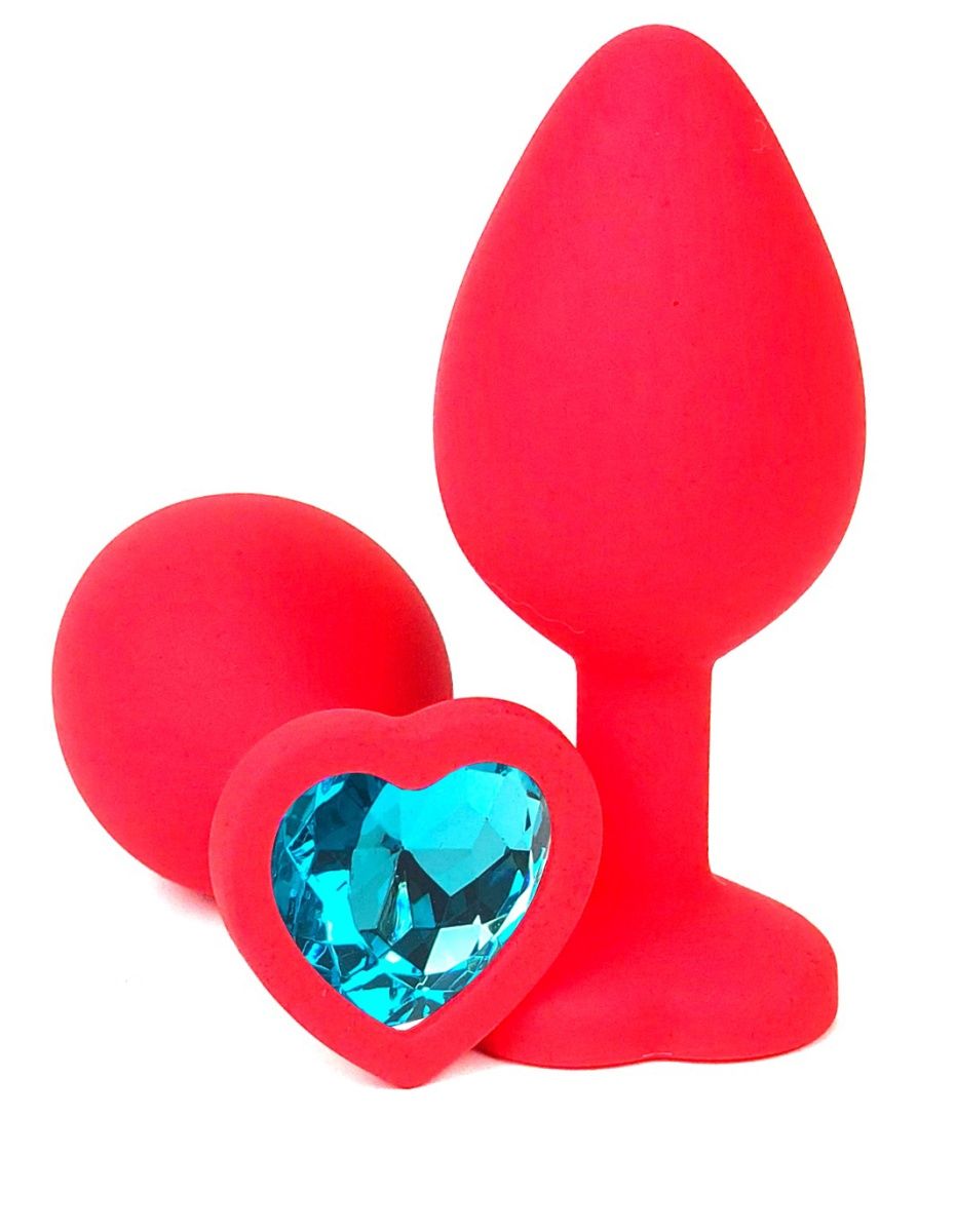 Красная силиконовая анальная пробка с голубым стразом-сердцем - 10