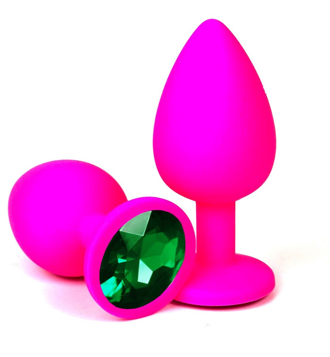 Розовая силиконовая анальная пробка с зеленым стразом - 9