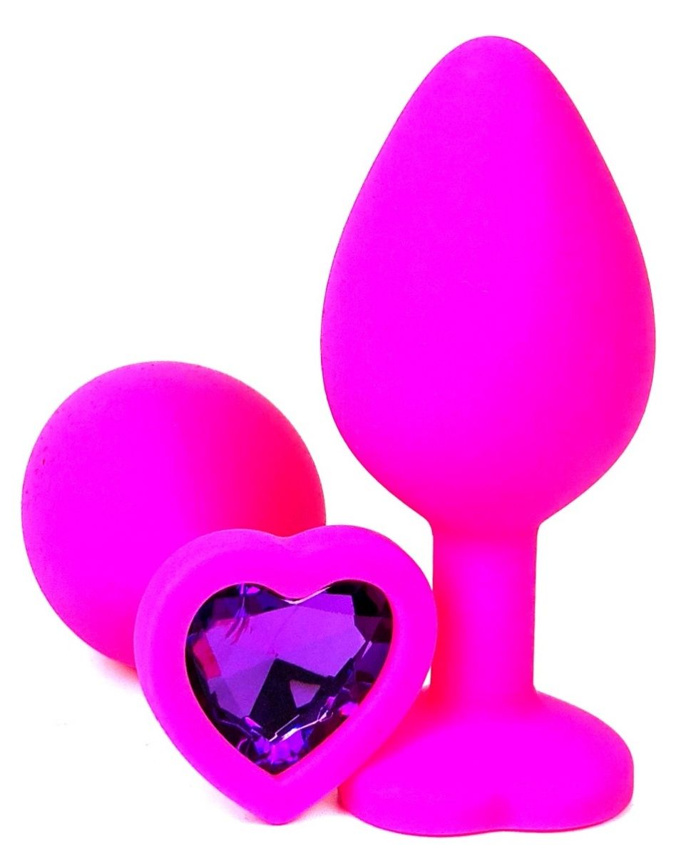 Розовая силиконовая пробка с фиолетовым кристаллом-сердцем - 10