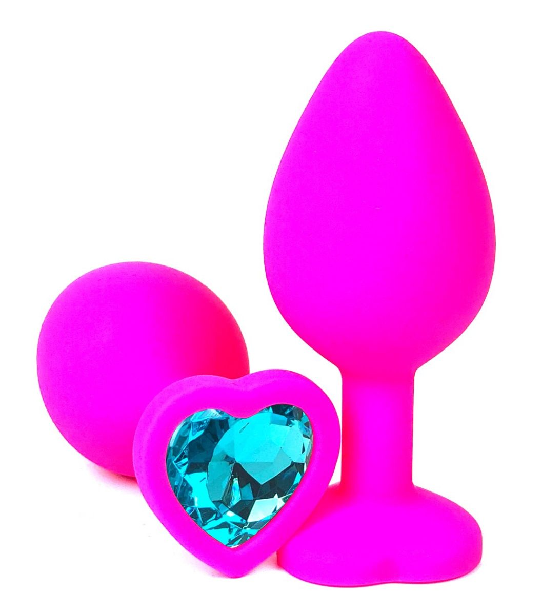 Розовая силиконовая пробка с голубым кристаллом-сердцем - 10