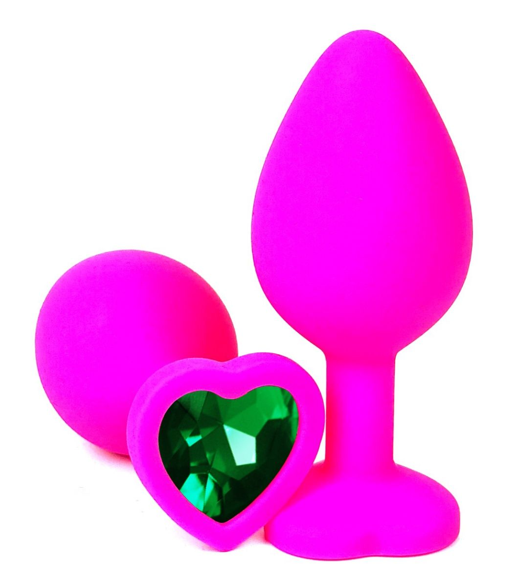 Розовая силиконовая пробка с зеленым кристаллом-сердцем - 8