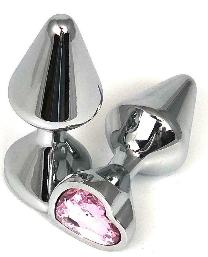Серебристая анальная пробка с нежно-розовым кристаллом-сердцем - 8 см.