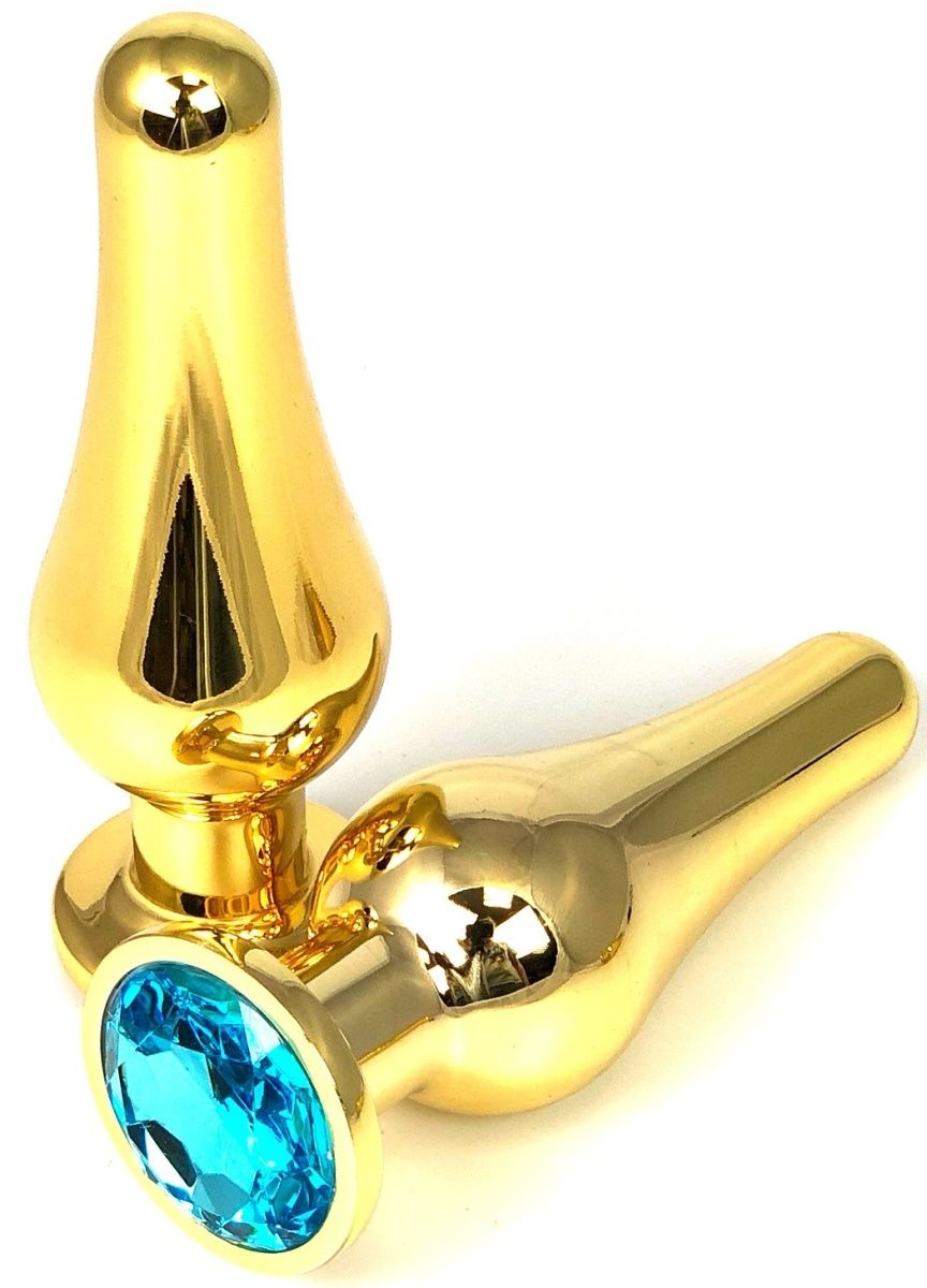 Золотистая удлиненная анальная пробка с голубым кристаллом - 10 см.