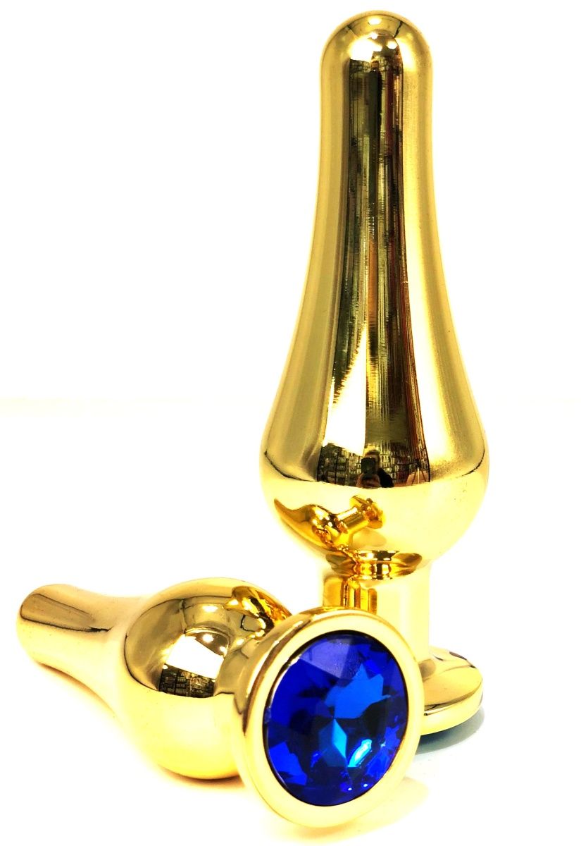 Золотистая удлиненная анальная пробка с синим кристаллом - 8 см.