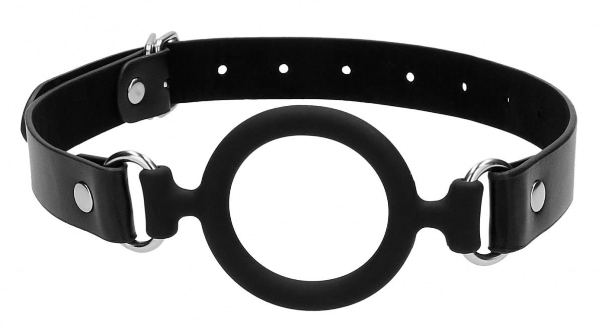 Черный кляп-кольцо с кожаными ремешками Silicone Ring Gag with Leather Straps