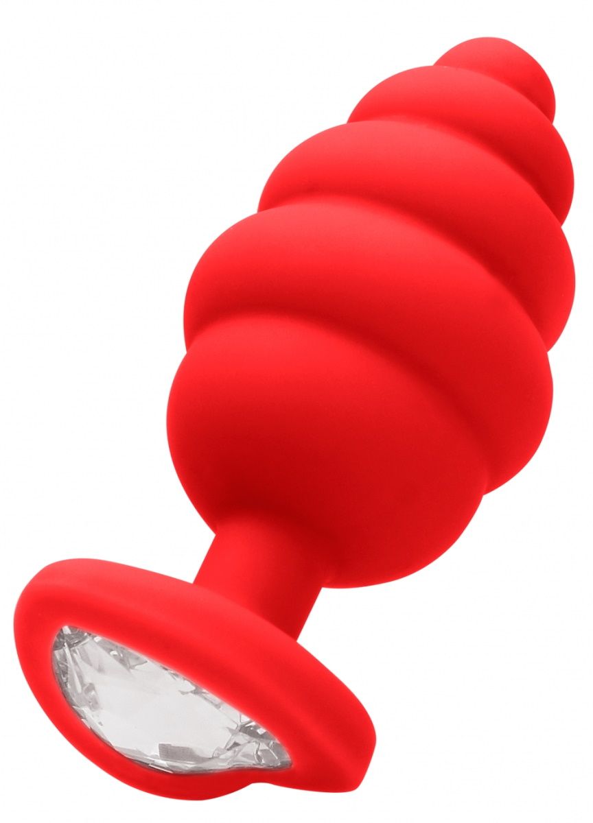 Красная анальная пробка Regular Ribbed Diamond Heart Plug - 7 см.