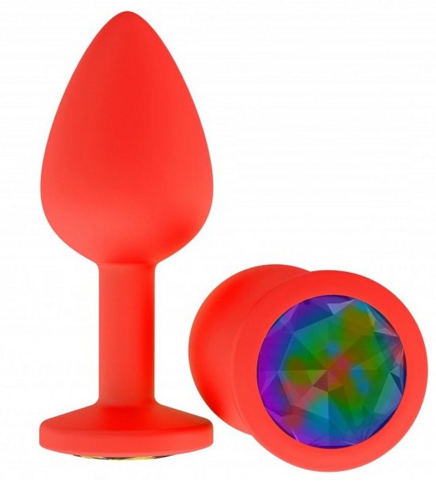 Красная анальная втулка с разноцветным кристаллом - 7