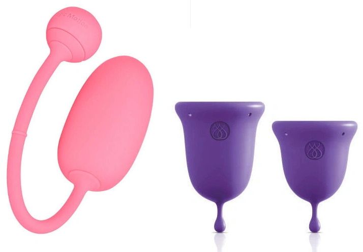 Подарочный набор: розовый тренажер Кегеля Magic Kegel Coach и фиолетовые менструальные чаши