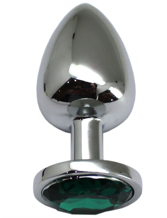 Серебристая анальная пробка с изумрудным кристаллом - 9 см.