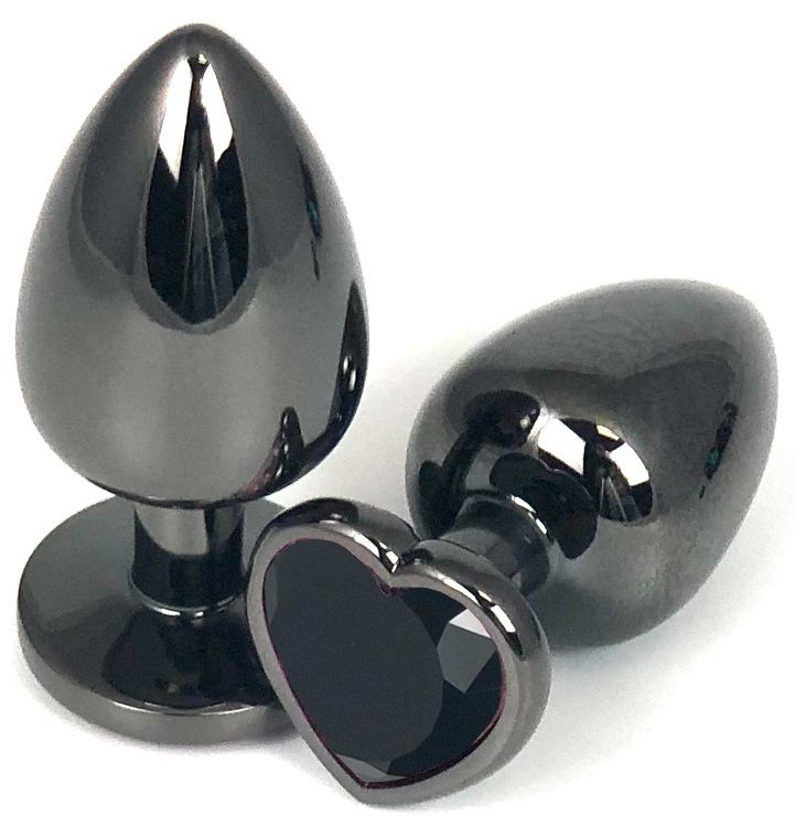Черная металлическая анальная пробка с черным стразом-сердечком - 6