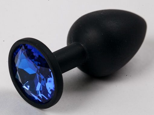 Черная силиконовая анальная пробка с синим стразом - 7