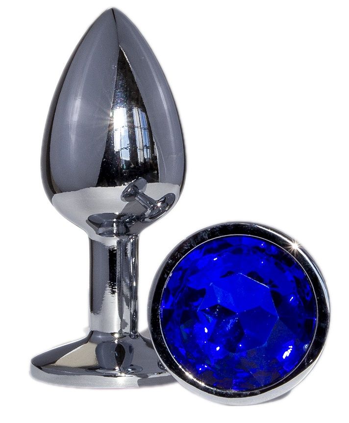 Металлическая анальная втулка с синим кристаллом - 7
