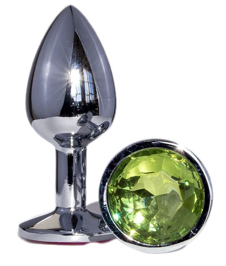 Металлическая анальная втулка с зеленым кристаллом - 7