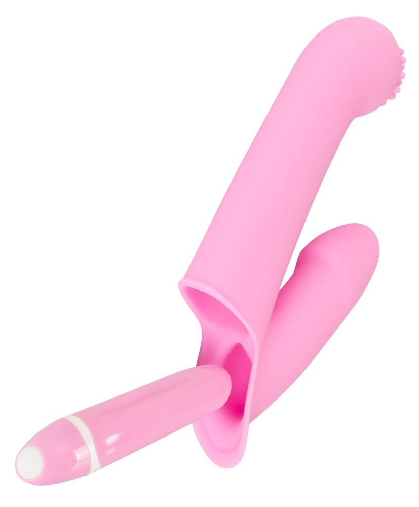 Нежно-розовая двойная вибронасадка на палец Vibrating Finger Extension - 17 см.