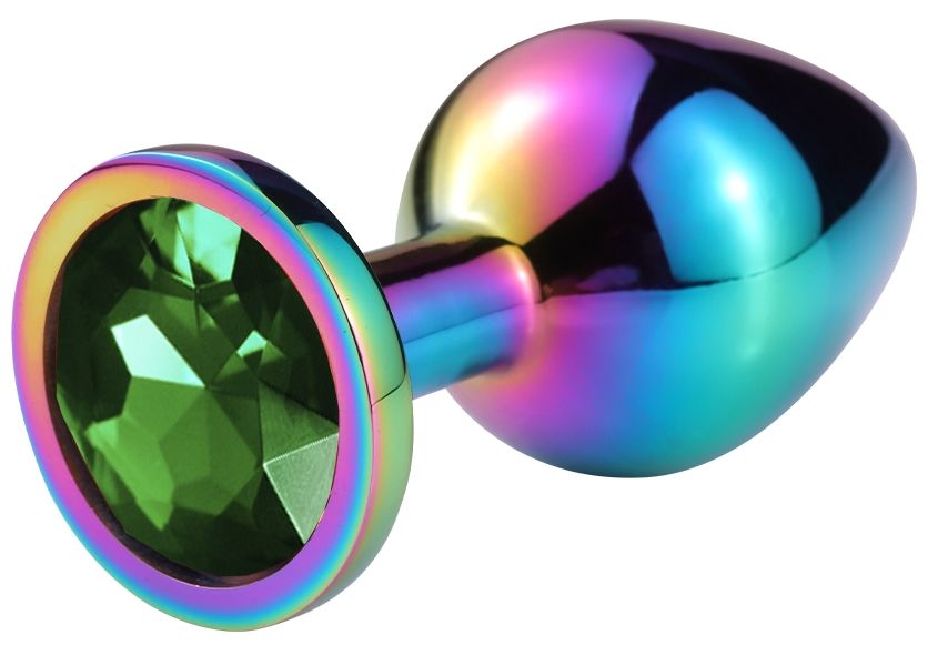 Разноцветная гладкая анальная пробка с зеленым кристаллом - 9
