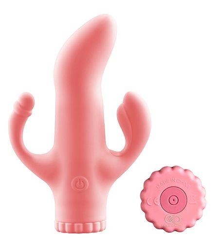 Розовый вибратор с клиторальным и анальным отростками - 15