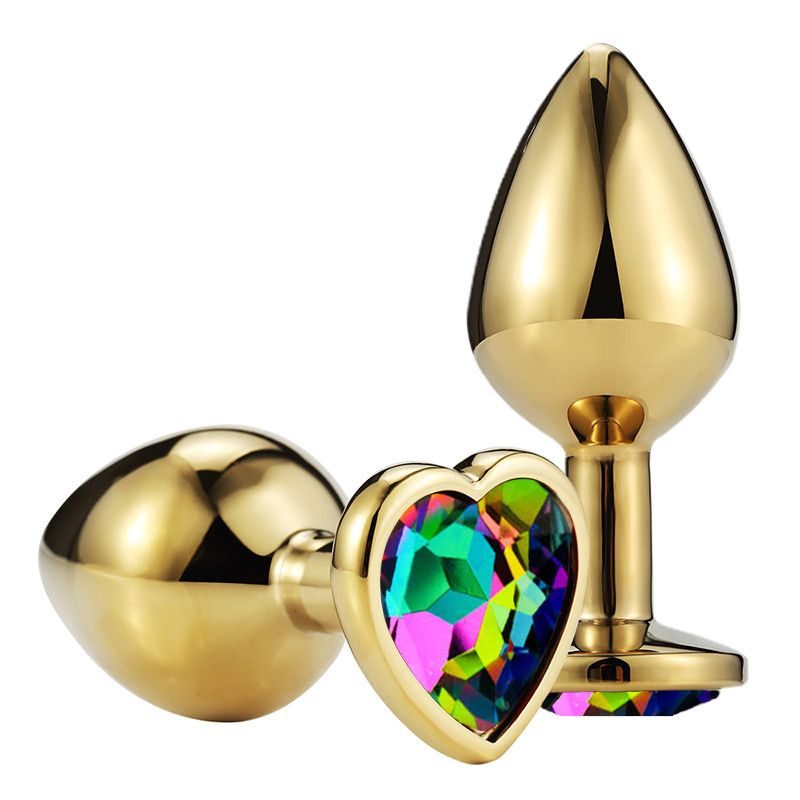 Золотистая гладкая анальная пробка с разноцветным кристаллом-сердечком - 6