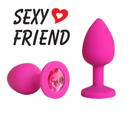 108266 Розовая конусовидная анальная пробка с малиновым кристаллом - 7,3 см.