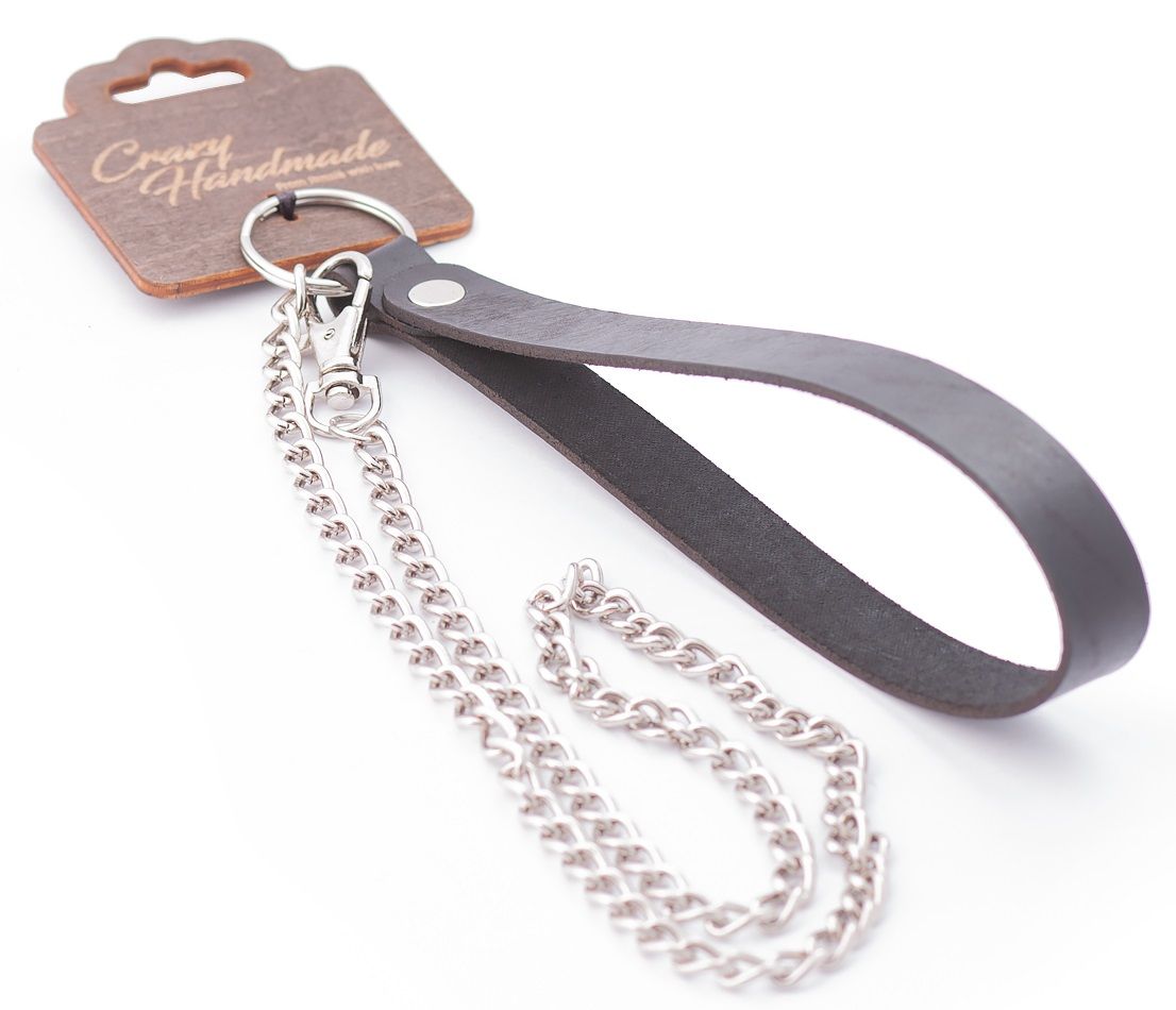 321362 Серебристый металлический поводок с кожаной черной ручкой - 80 см.