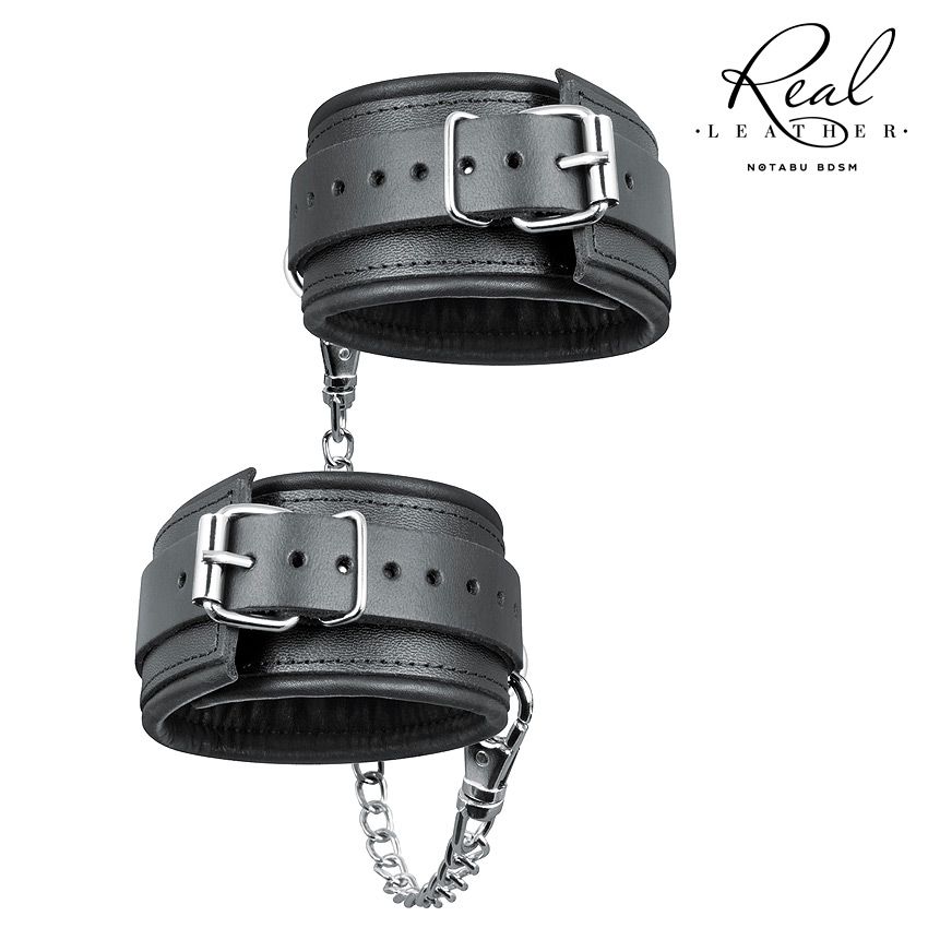 336341 Черные кожаные оковы на цепочке с карабинами