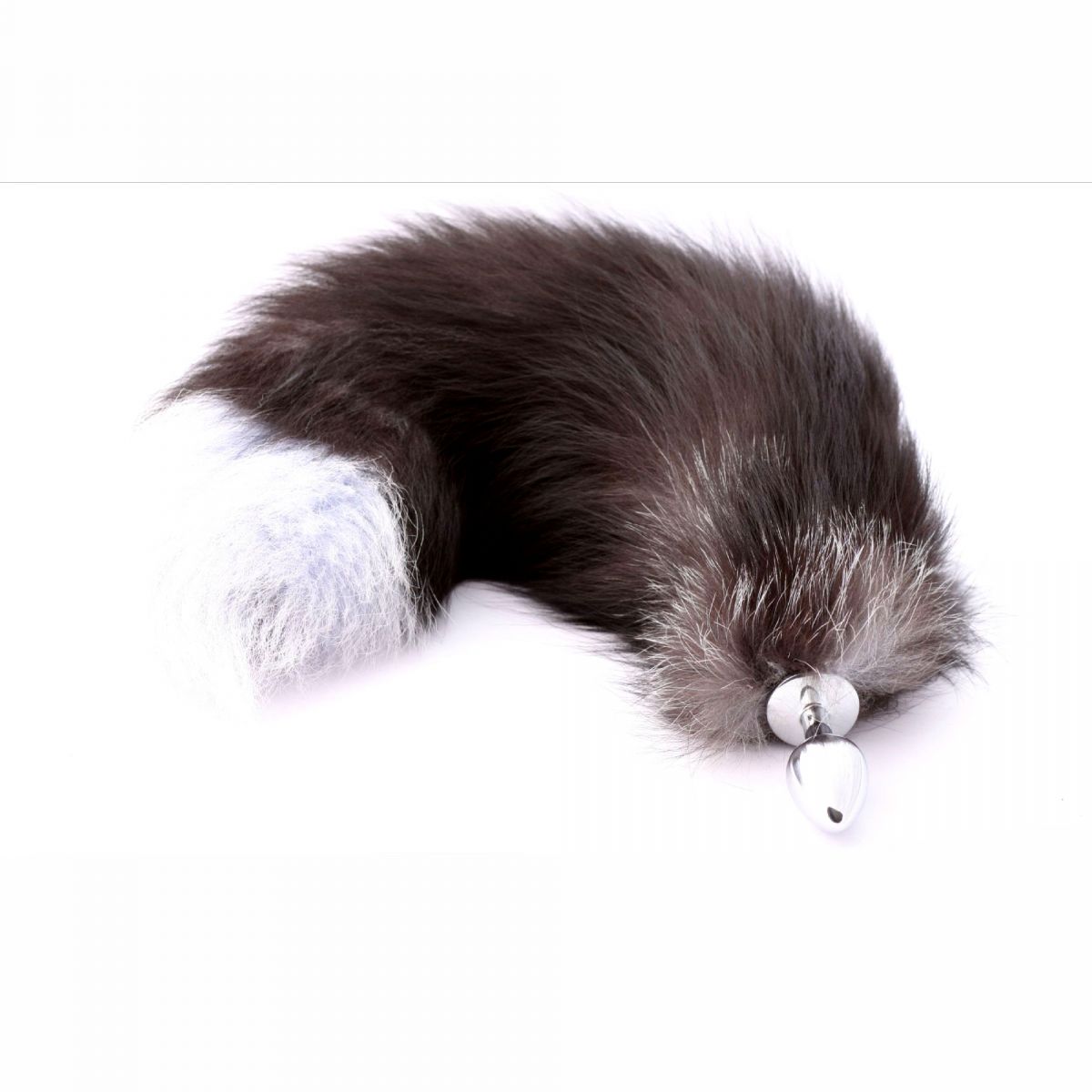 347524 Серебристая анальная пробка с натуральным лисьим хвостиком