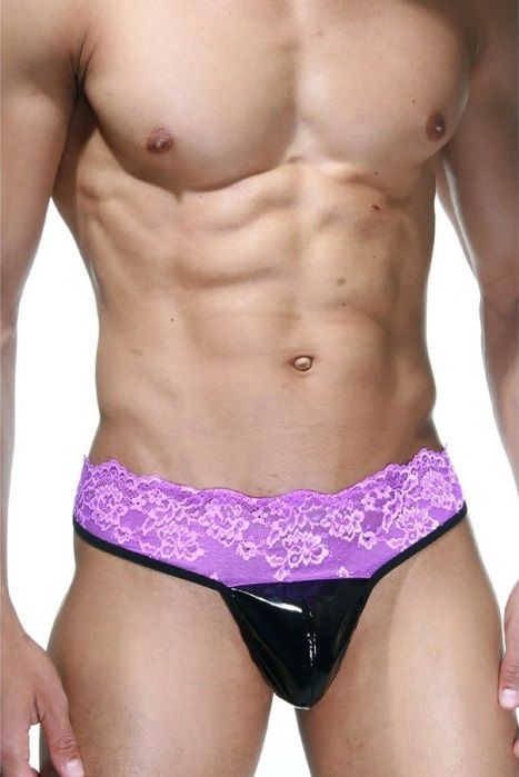 349379 Черно-фиолетовые трусы-танга на кружевном поясе