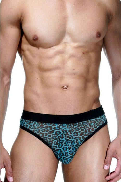 349503 Черно-голубые трусы-тонги с леопардовым принтом