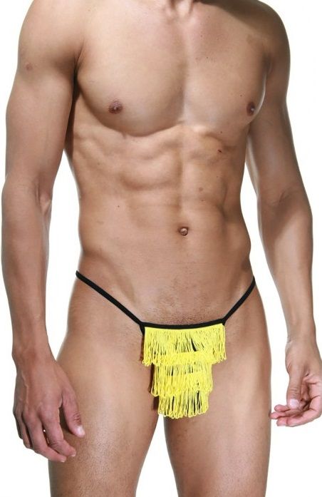 349543 Черные трусы-стринги с желтой бахромой