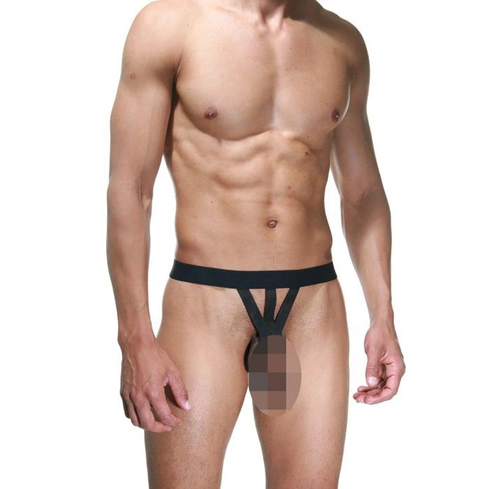349803 Мужские откровенные трусы из черных ремешков