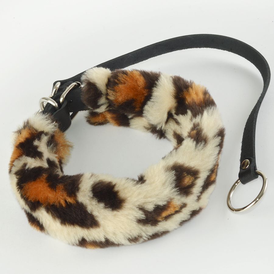 350090 Леопардовый меховой ошейник с кожаным поводком