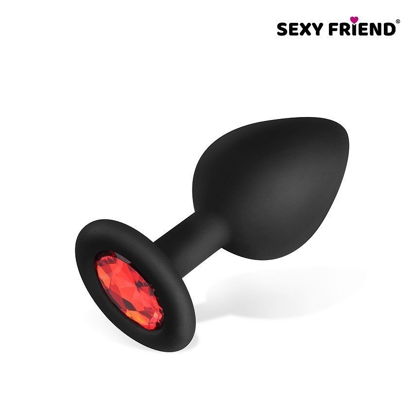 358125 Черная силиконовая анальная втулка с красным кристаллом - 8 см.