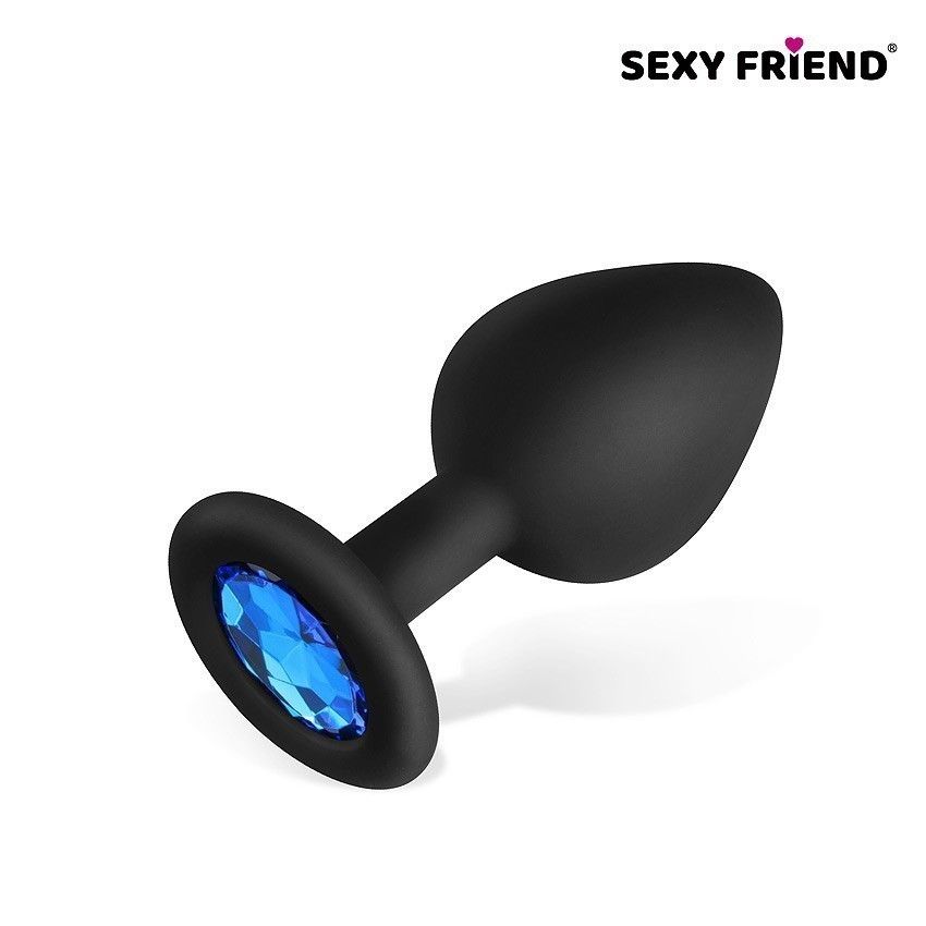 358127 Черная силиконовая анальная втулка с голубым кристаллом - 8 см.