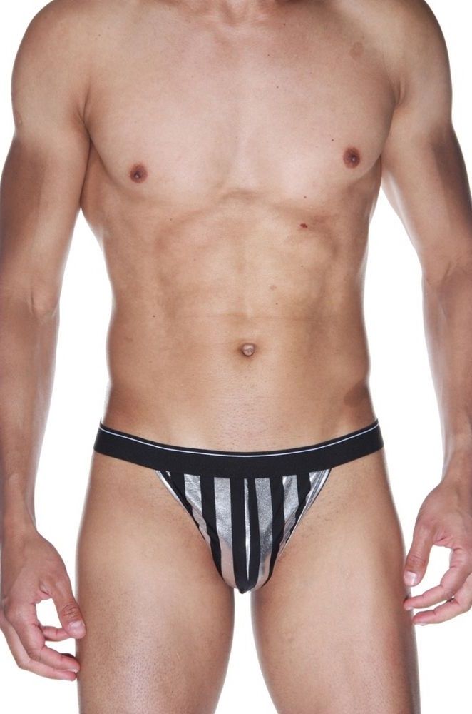 360360 Черные мужские трусы-тонги в серебристую полоску