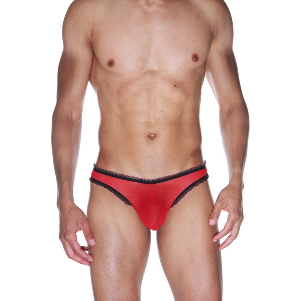 363061 Мужские красные трусы-бразилиана с черной рюшевой отделкой