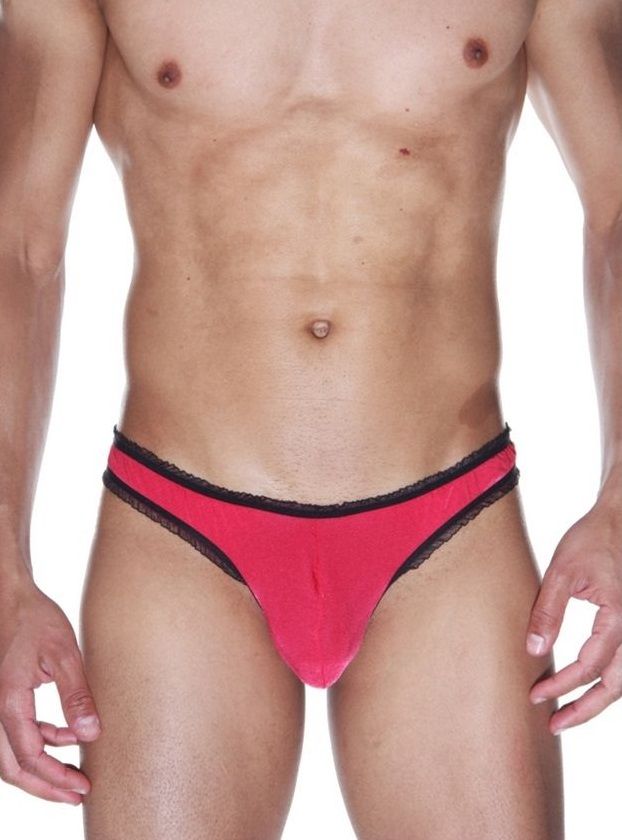 363065 Красные мужские трусы-бразилиана с черной рюшевой отделкой
