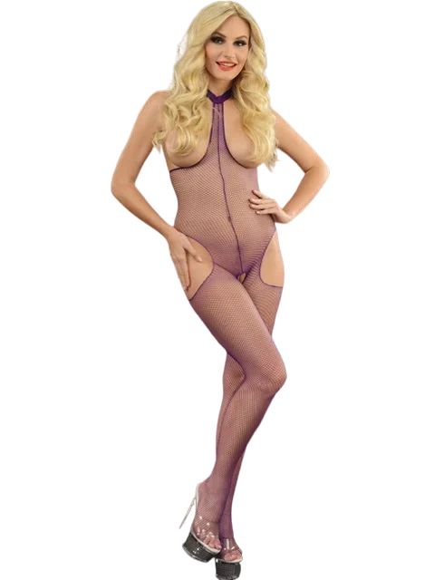 363251 Фиолетовый кэтсьюит с вырезами на груди, бёдрах и в шагу