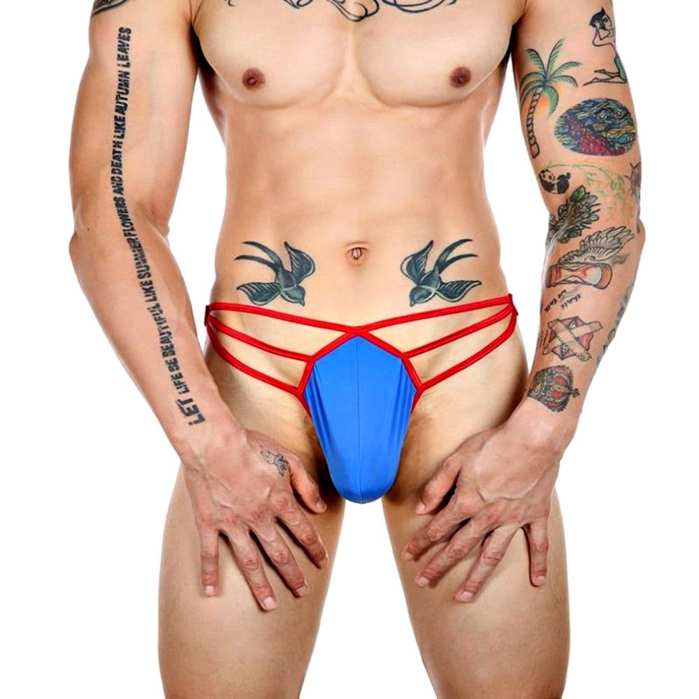 363431 Синие сексуальные трусы-стринги на тонких красных бретелях