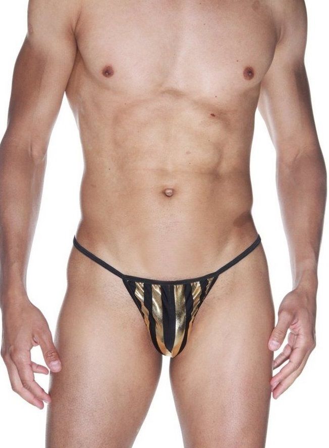 363466 Мужские трусы-стринги из черной ткани в широкую золотую полоску