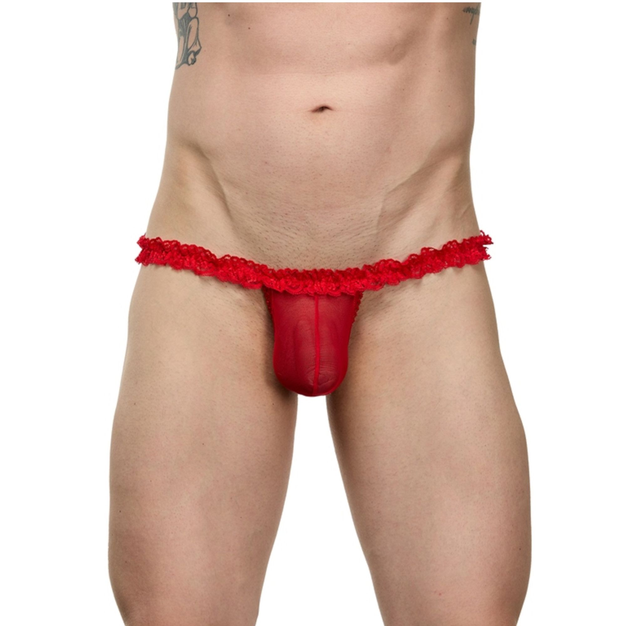 365170 Мужские красные трусы-тонги на кружевном поясе
