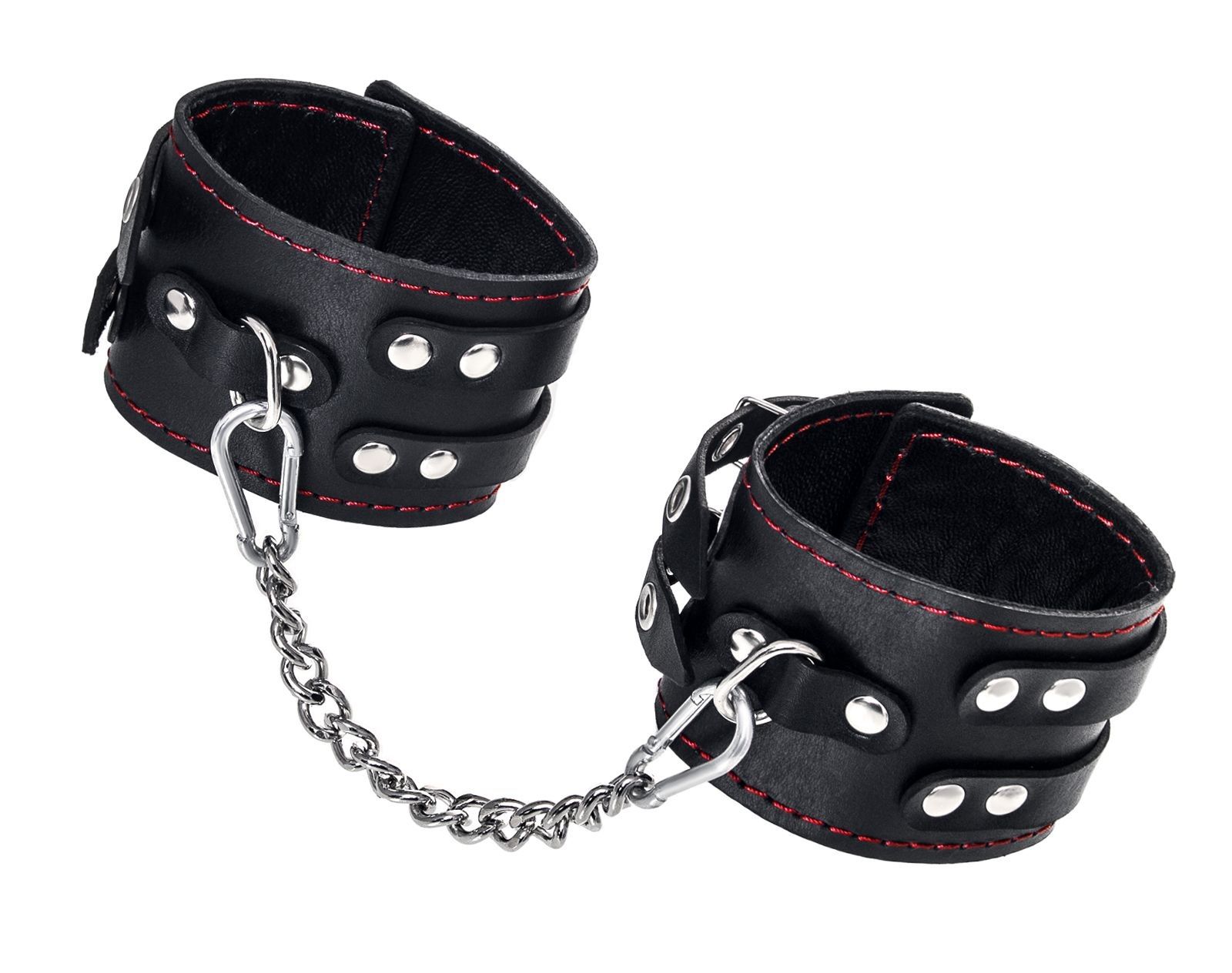 369908 Черные кожаные оковы с двумя ремнями и контрастной строчкой