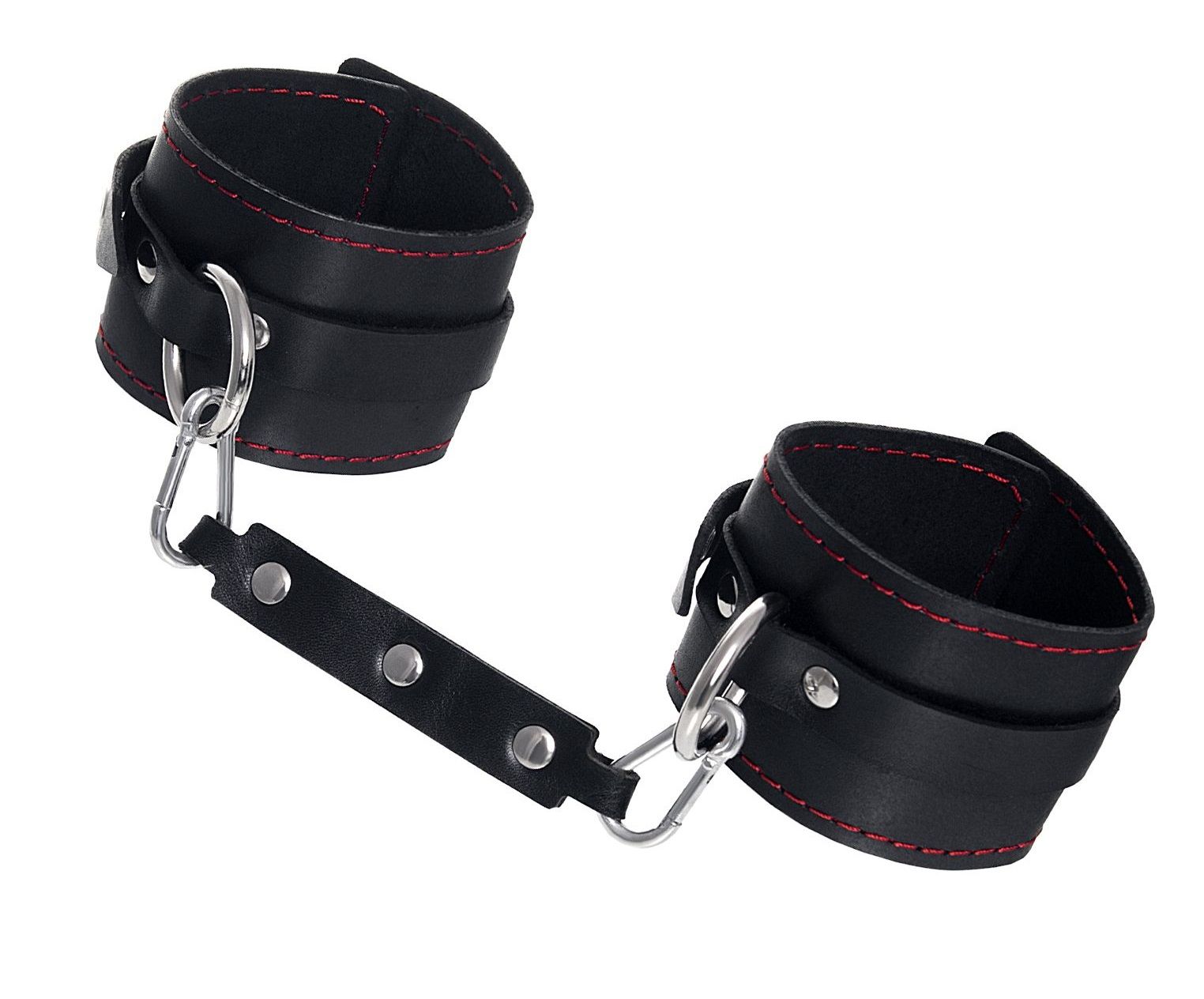 369912 Черные кожаные однослойные оковы с контрастной строчкой