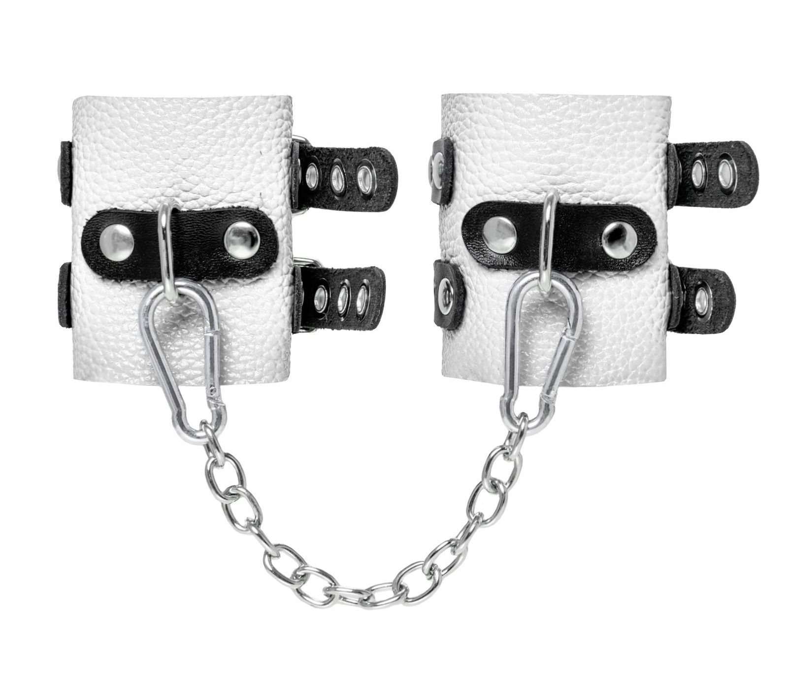 370013 Бело-черные наручники с двумя ремешками и люверсами