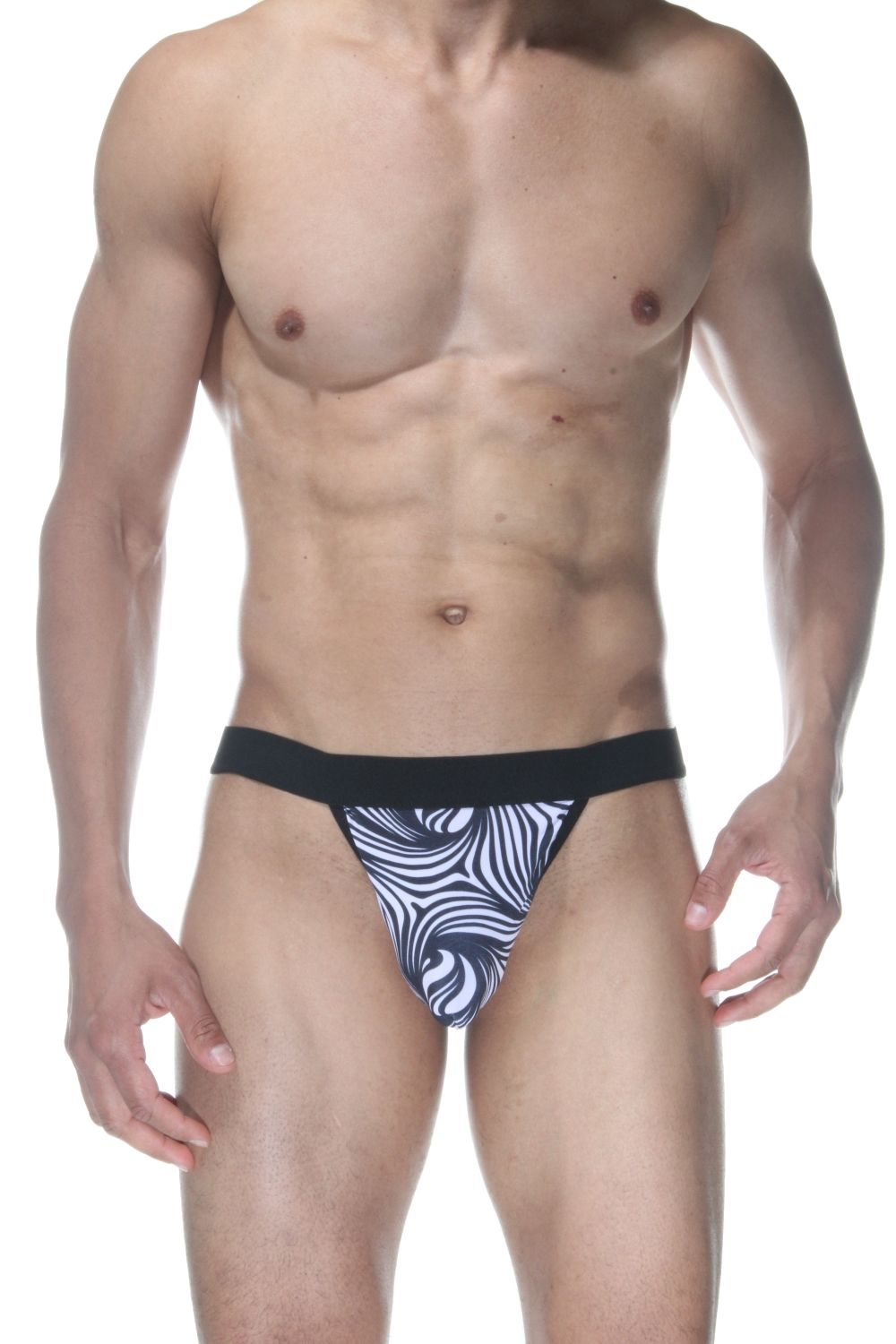 377991 Бело-черные мужские трусы-стринги с узором