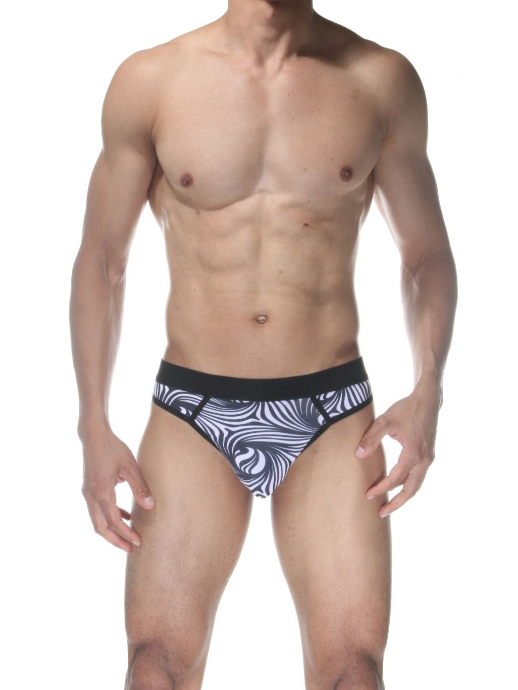 378040 Бело-черные мужские трусы-стринги с абстрактным принтом