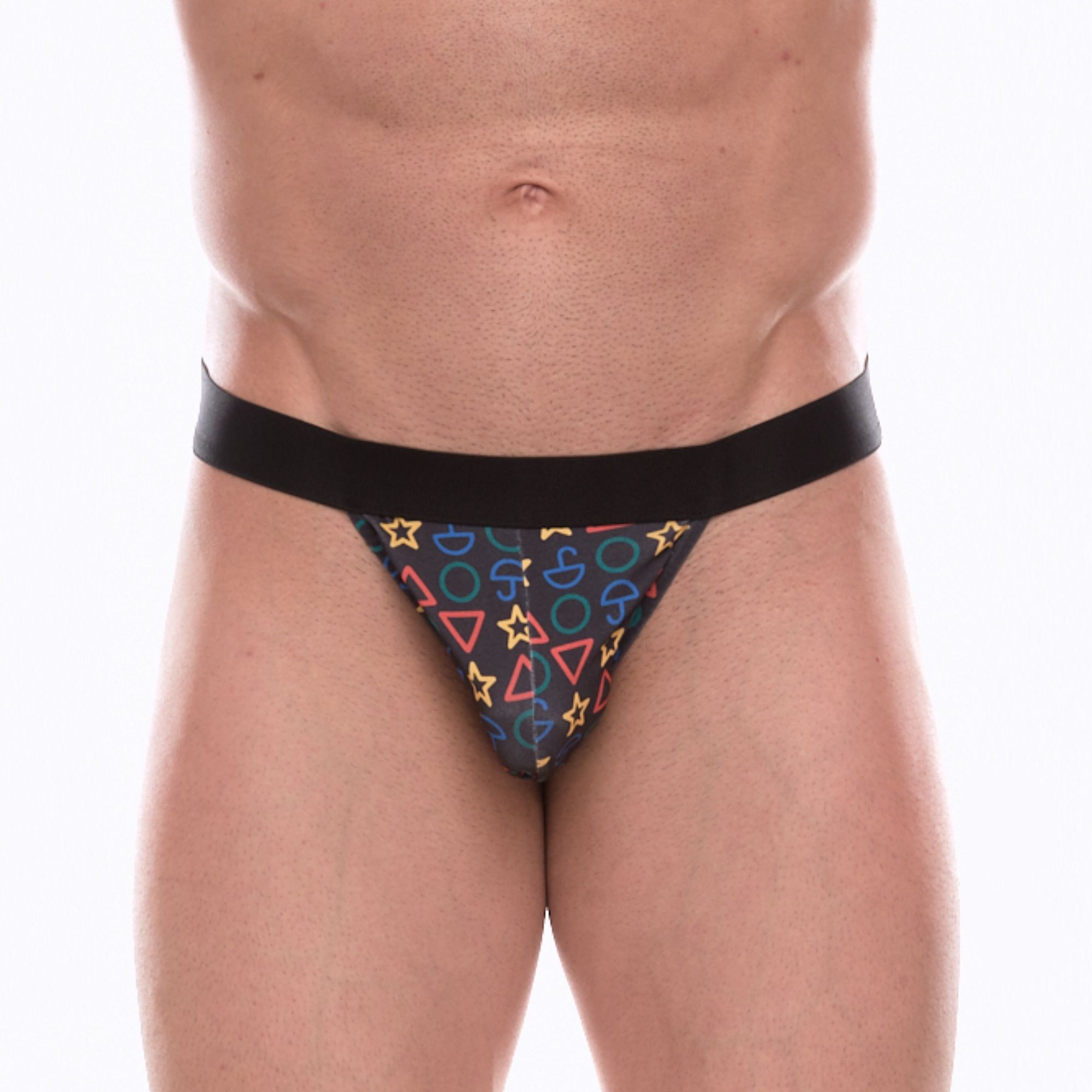 378455 Темно-серые трусы-танга с разноцветным принтом в виде значков