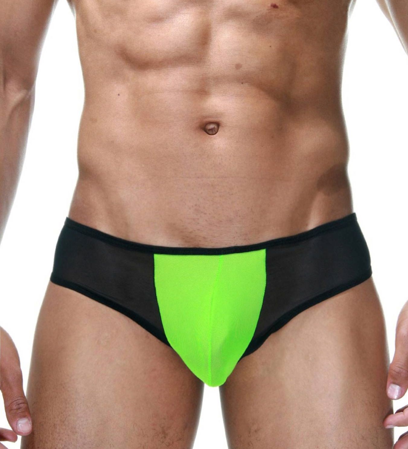405861 Черные трусы-бразилиана с лаймовой вставкой