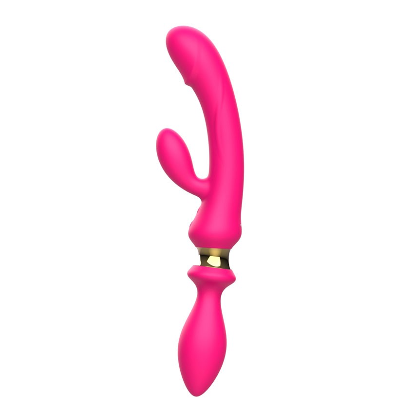 429889 Розовый двусторонний вибромассажёр с клиторальным отростком - 30 см.
