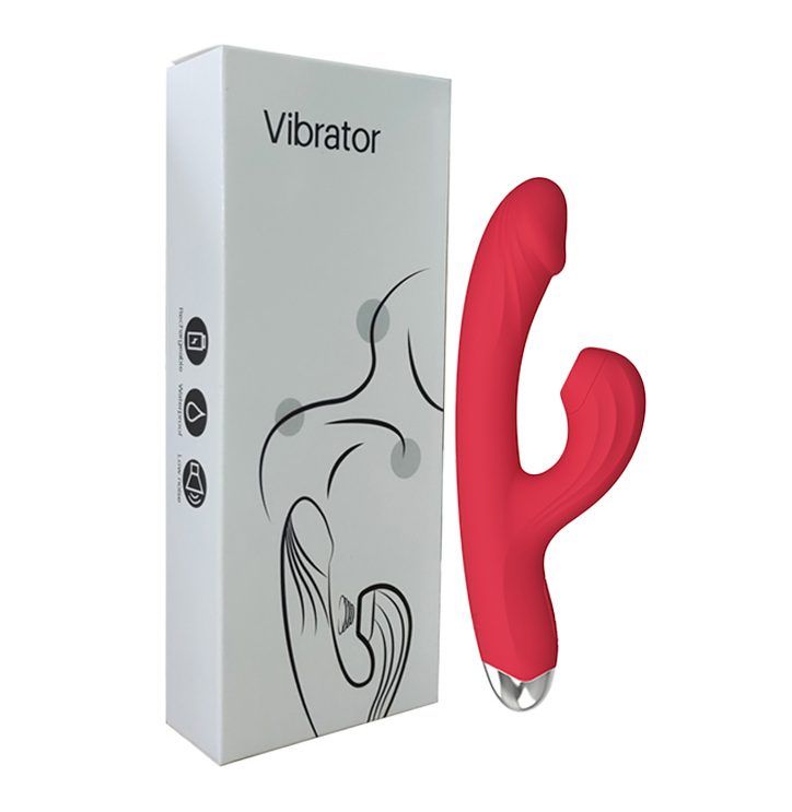 430000 Красный силиконовый вибратор-кролик с вакуумным клиторальным отростком - 20,5 см.